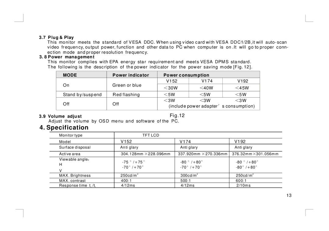 ViewEra V152 user manual Specification, Plug & Play 