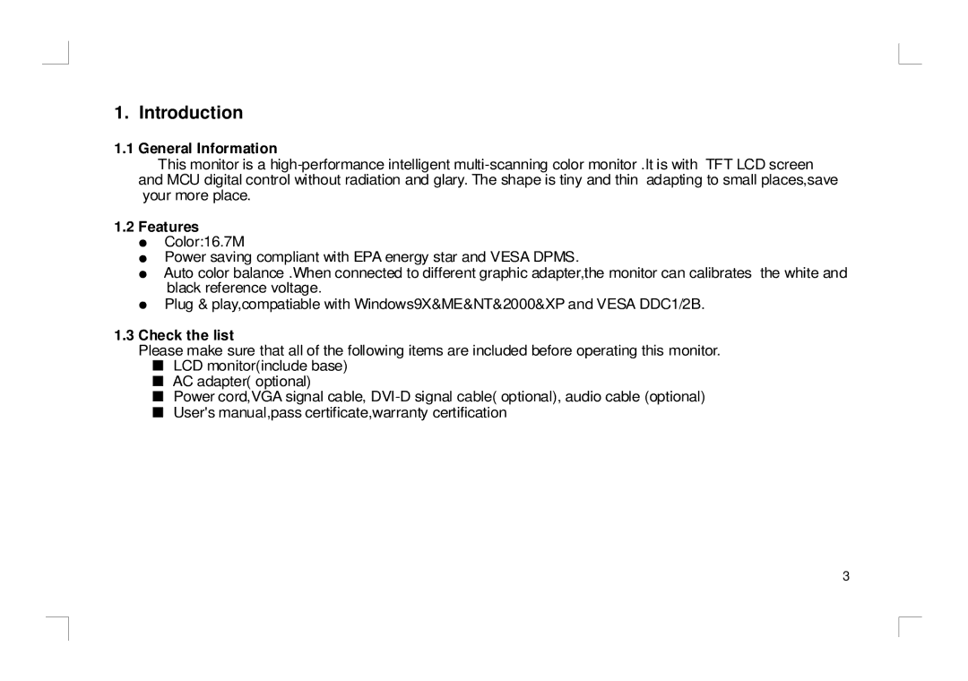 ViewEra V152 user manual Introduction, General Information, Features, Check the list 