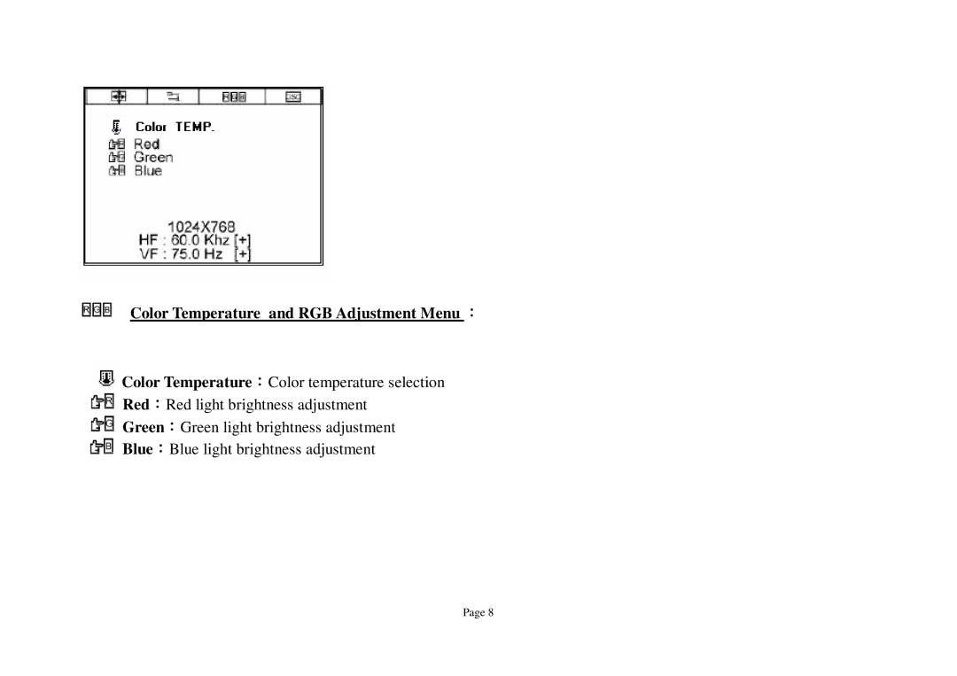 ViewEra V180T Series, V190T Series, V180 Series user manual Color Temperature and RGB Adjustment Menu ： 