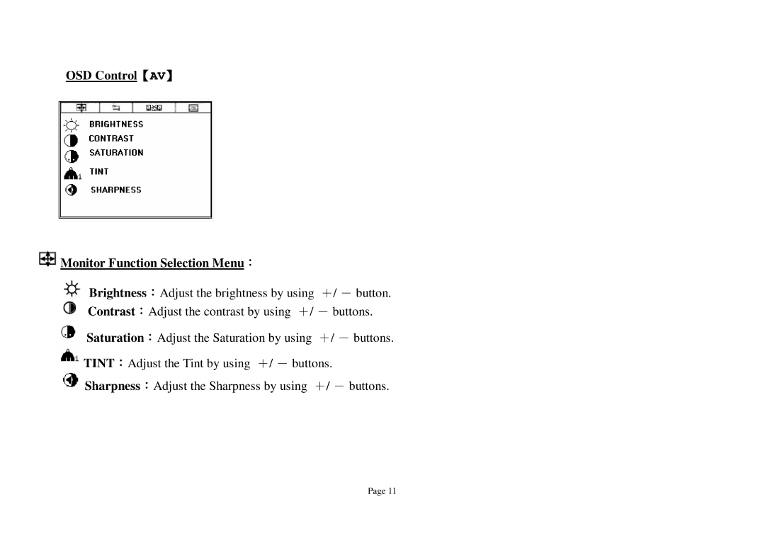 ViewEra V180T Series, V190T Series, V180 Series user manual OSD Control【AV】 Monitor Function Selection Menu： 