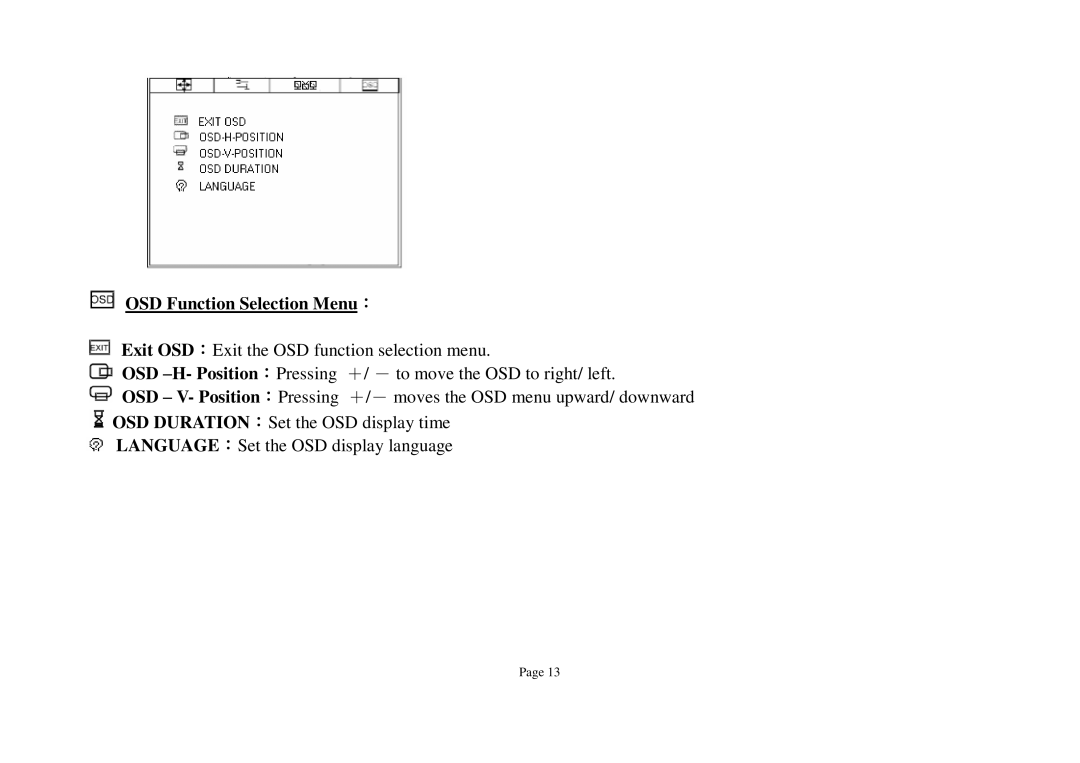 ViewEra V190T Series, V180T Series, V180 Series user manual OSD Function Selection Menu： 