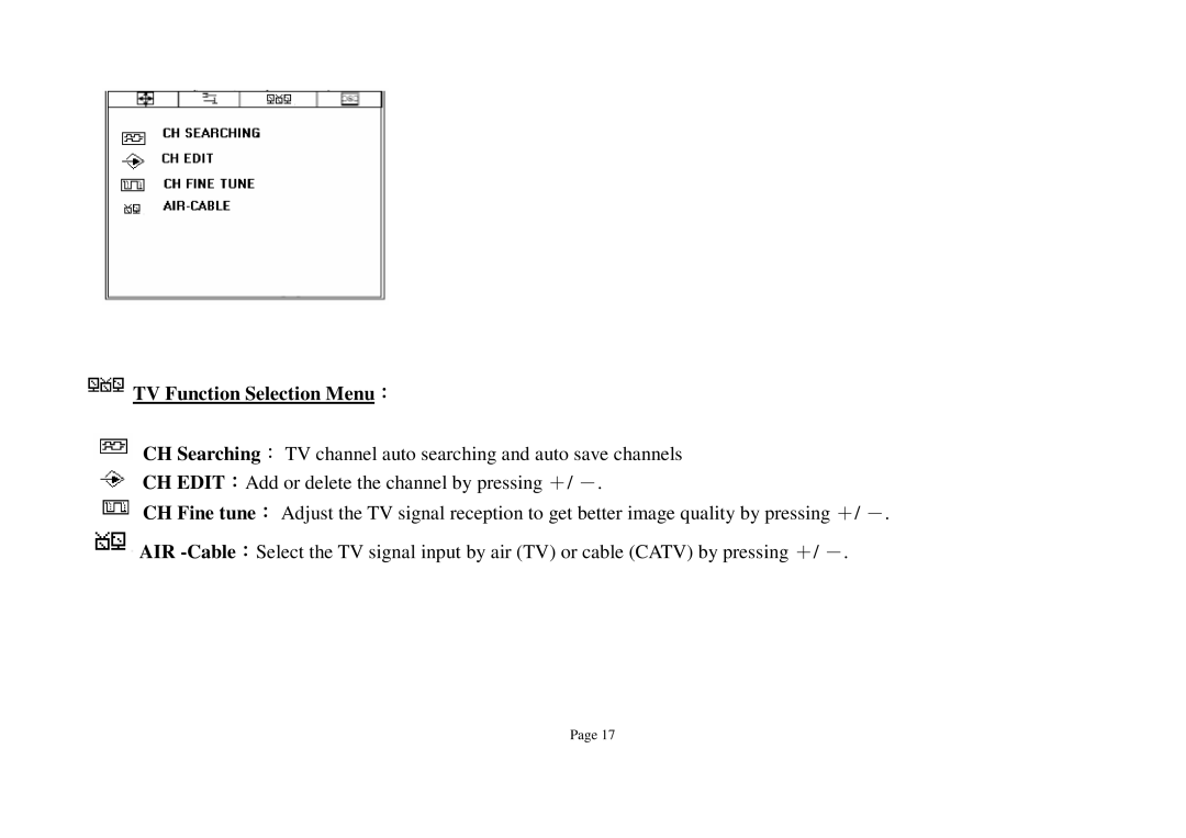 ViewEra V180T Series, V190T Series, V180 Series user manual TV Function Selection Menu： 