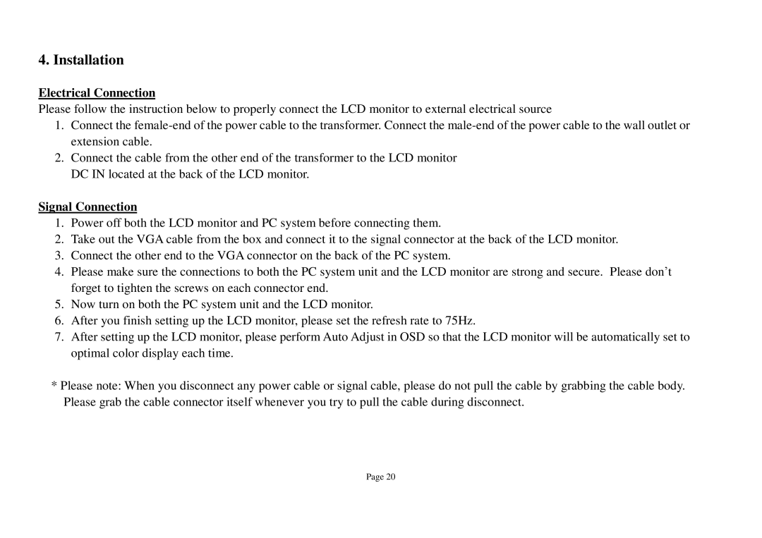 ViewEra V180T Series, V190T Series, V180 Series user manual Installation, Electrical Connection, Signal Connection 