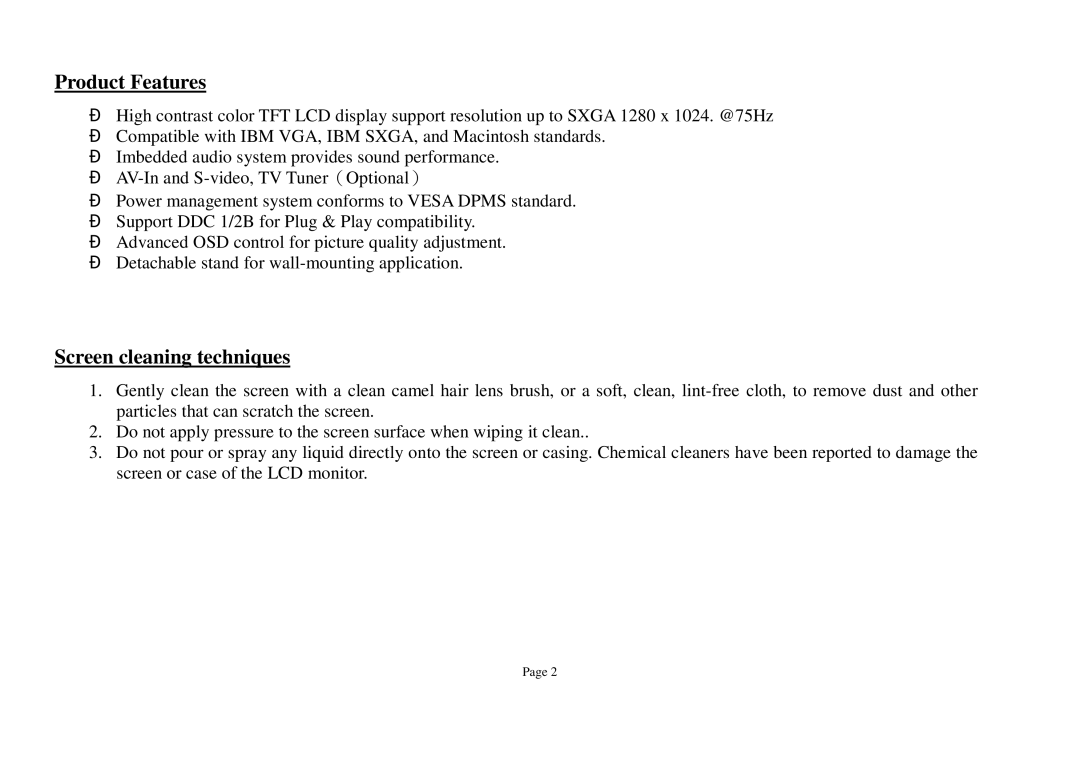 ViewEra V180T Series, V190T Series, V180 Series user manual Product Features, Screen cleaning techniques 