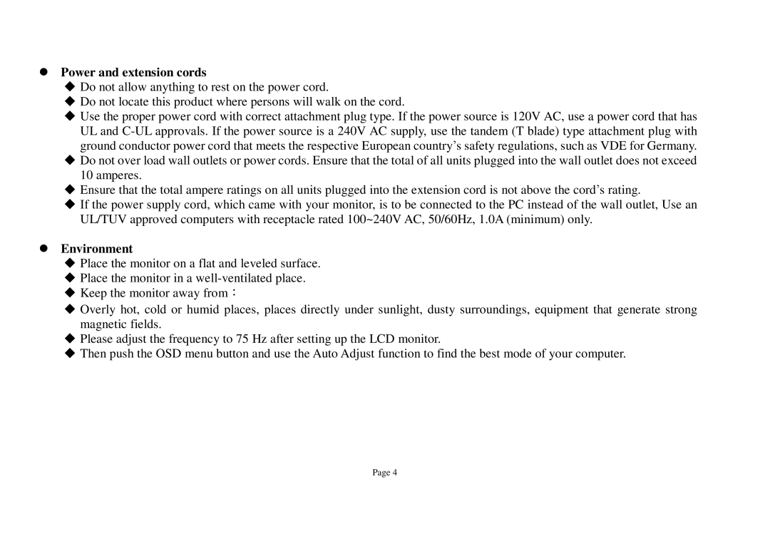 ViewEra V190T Series, V180T Series, V180 Series user manual  Power and extension cords,  Environment 