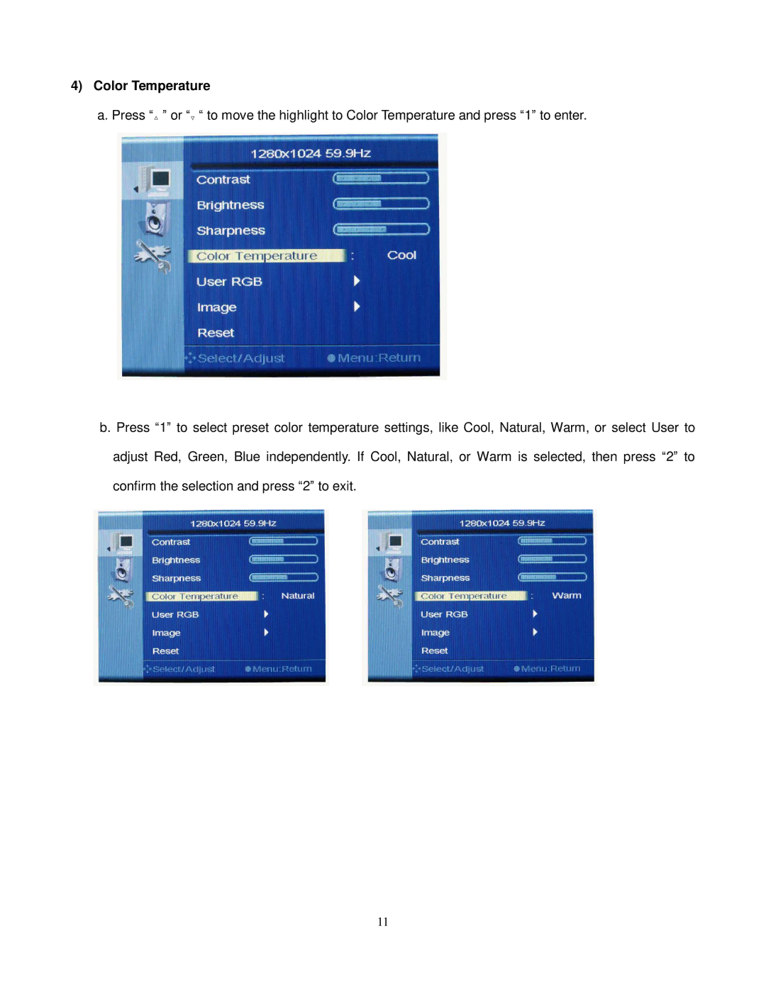 ViewEra V191 BN Series user manual Color Temperature 