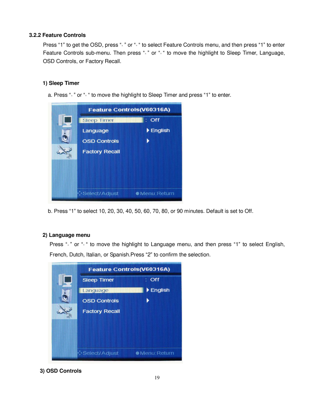 ViewEra V191 BN Series user manual Feature Controls, Sleep Timer, Language menu, OSD Controls 