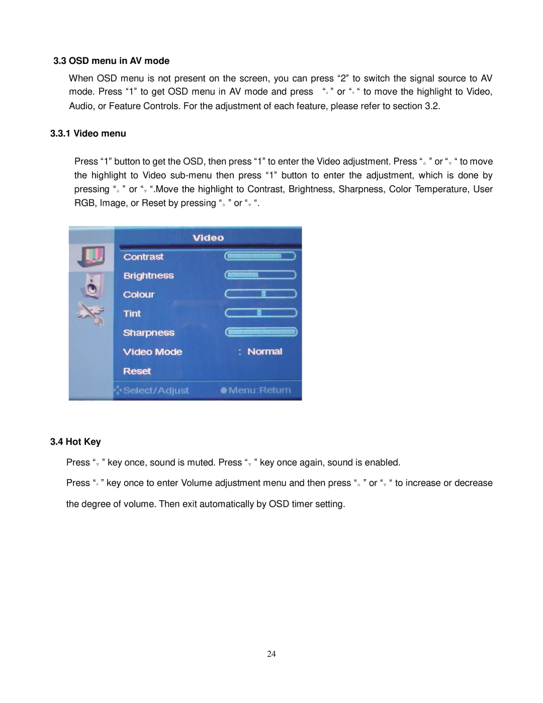 ViewEra V191 BN Series user manual OSD menu in AV mode, Video menu, Hot Key 