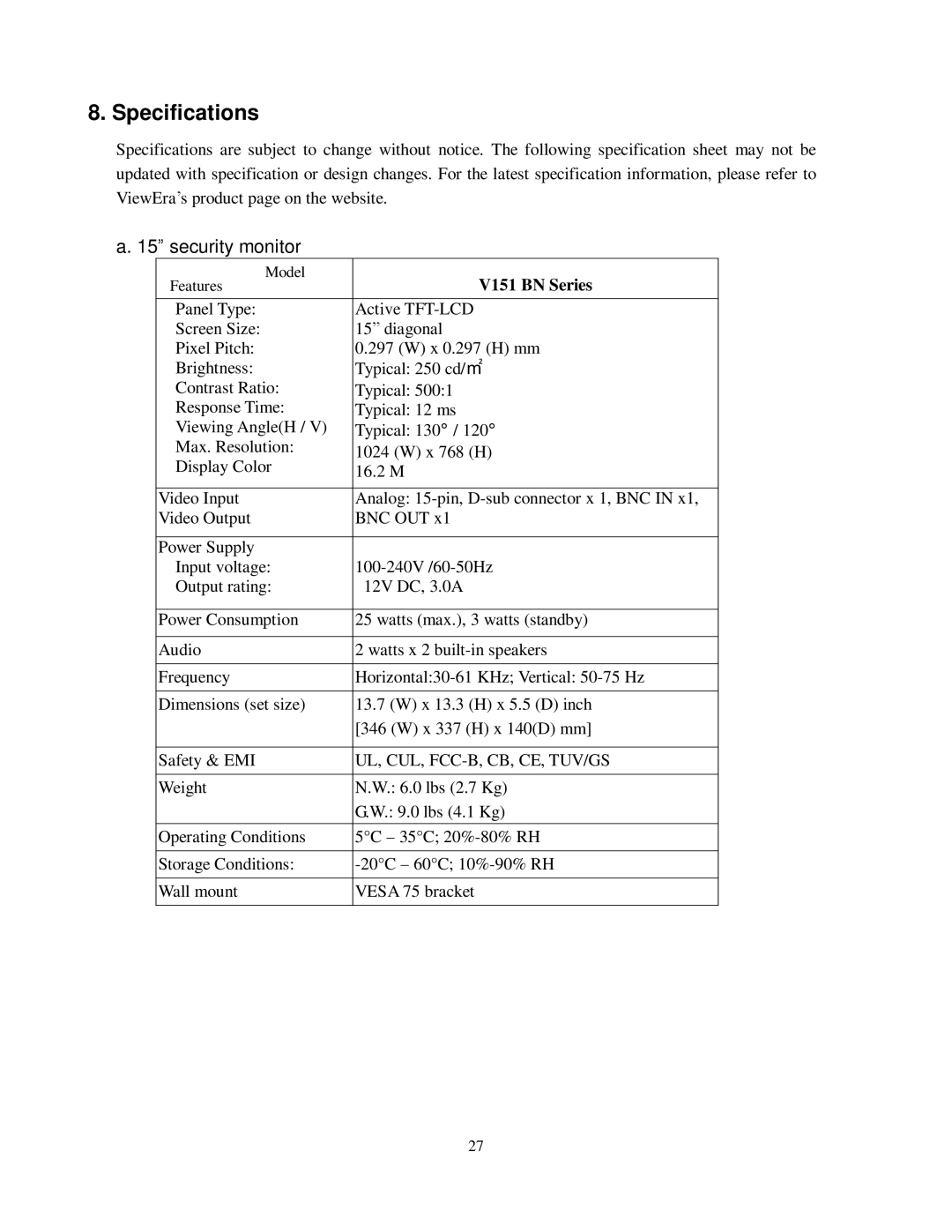 ViewEra V191 BN Series user manual Specifications, 15security monitor 