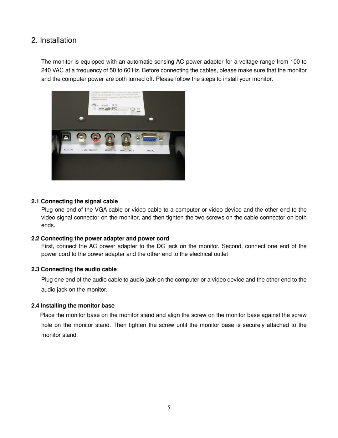 ViewEra V191 BN Series user manual Connecting the signal cable, Connecting the power adapter and power cord 