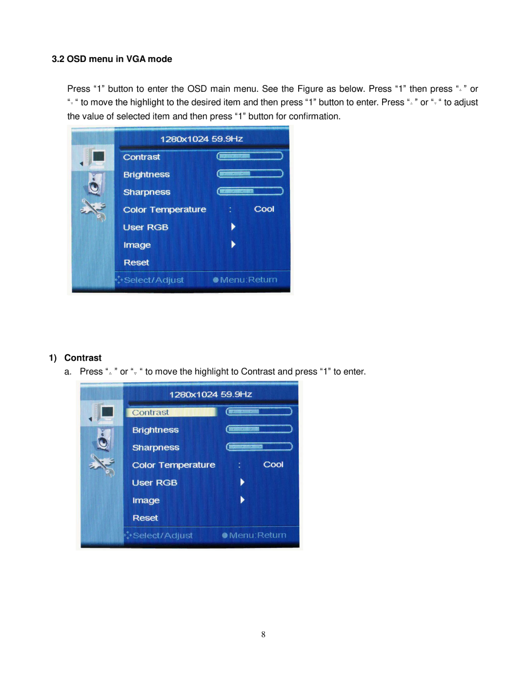 ViewEra V191 BN Series user manual OSD menu in VGA mode, Contrast 