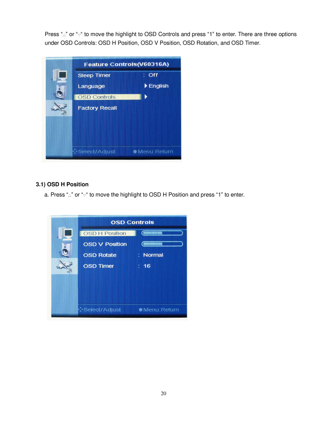 ViewEra V191, V151, V172 user manual OSD H Position 