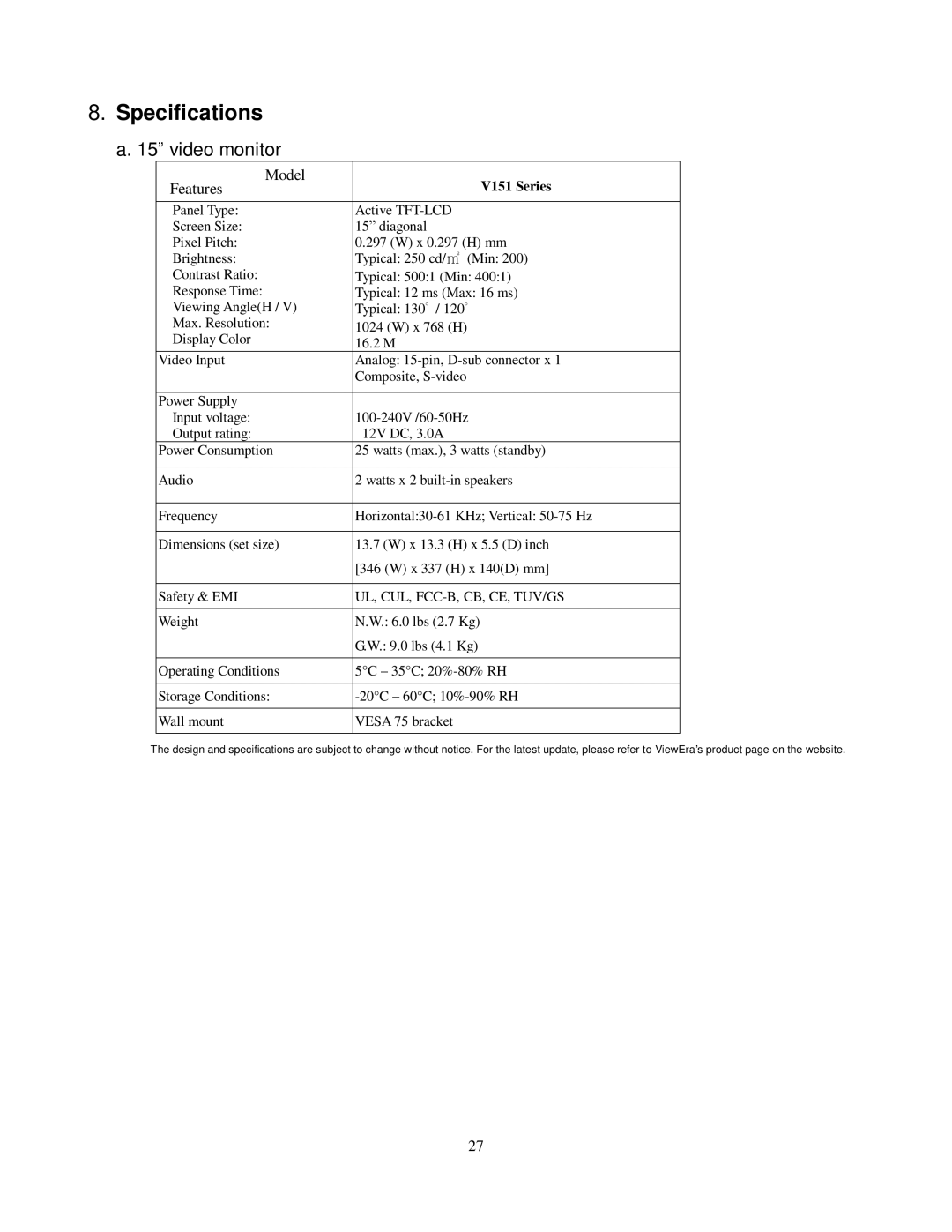 ViewEra V151, V191, V172 user manual Specifications, 15video monitor 