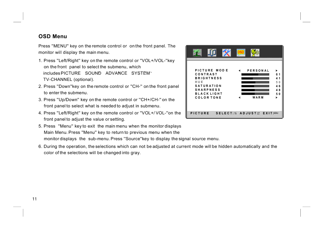 ViewEra V195MV, V221MV manual OSD Menu 