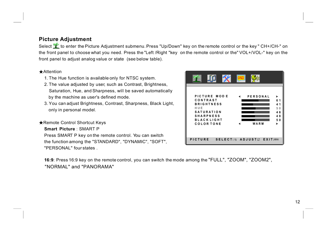 ViewEra V221MV, V195MV manual Picture Adjustment, Smart Picture Smart P 