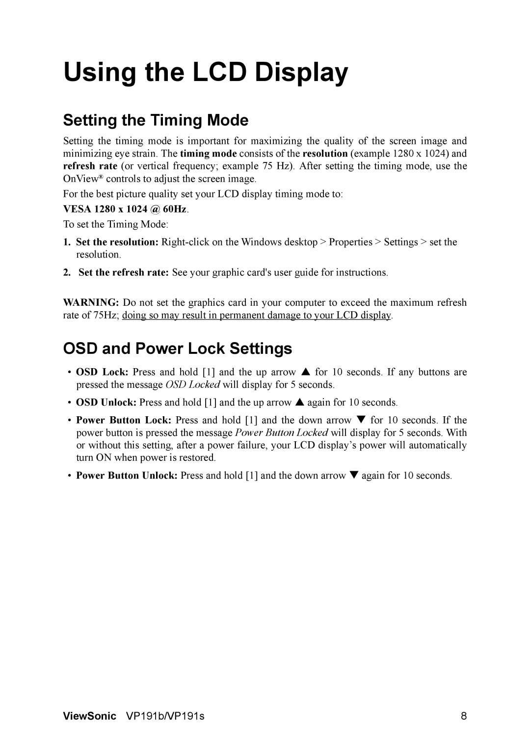 ViewSonic 191b, VP191S manual Using the LCD Display, Setting the Timing Mode, OSD and Power Lock Settings 