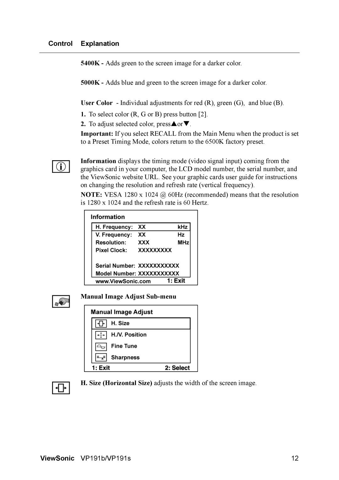 ViewSonic 191b, VP191S manual Manual Image Adjust Sub-menu 