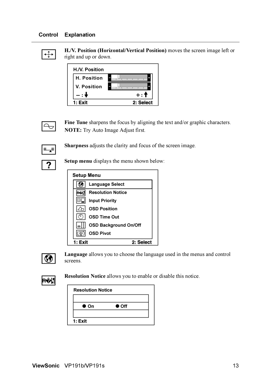 ViewSonic VP191S, 191b manual Control Explanation 