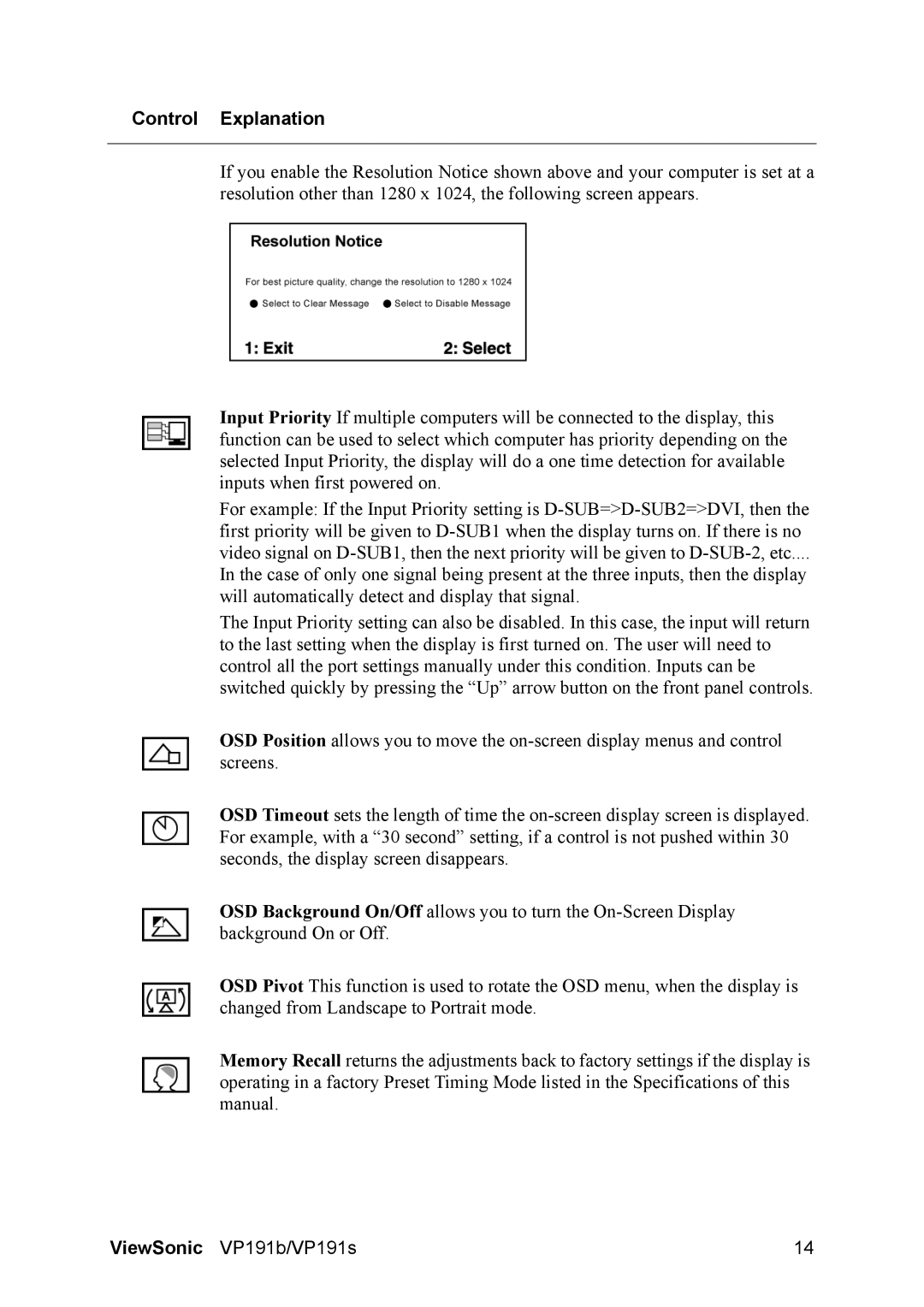 ViewSonic 191b, VP191S manual Control Explanation 