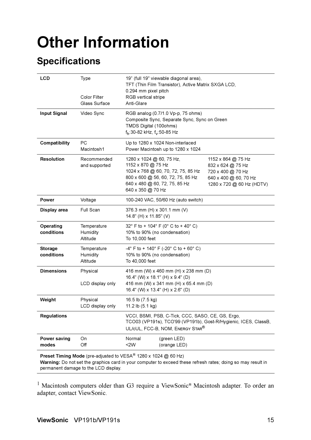 ViewSonic VP191S, 191b manual Other Information, Specifications 