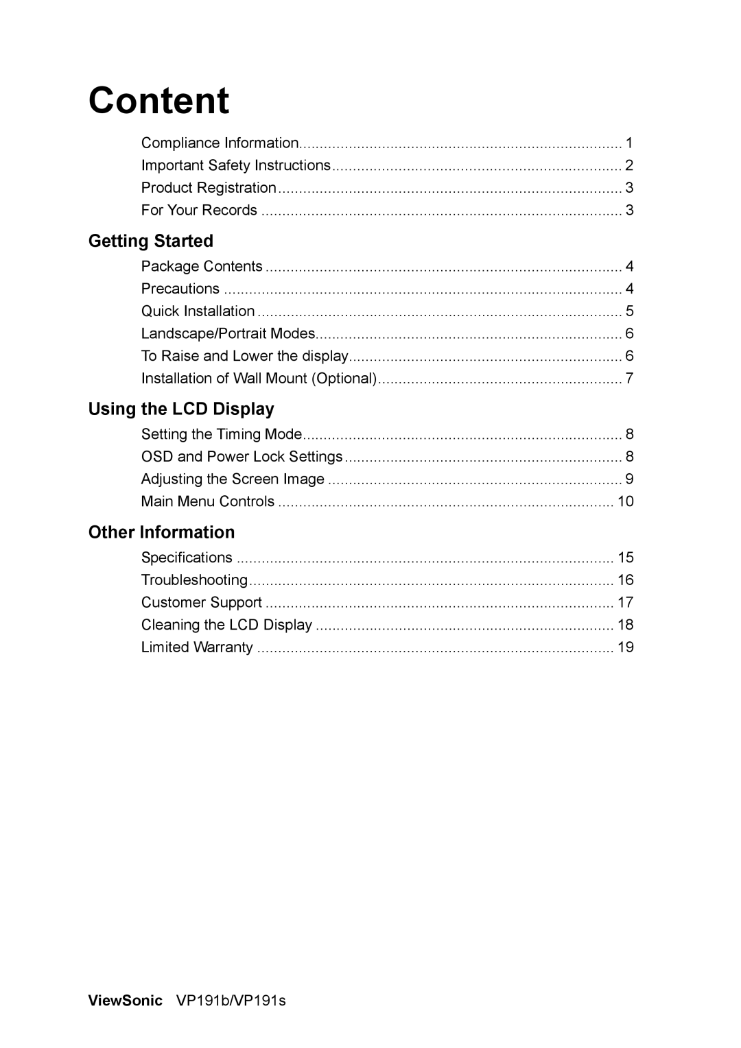 ViewSonic 191b, VP191S manual Content, Getting Started 