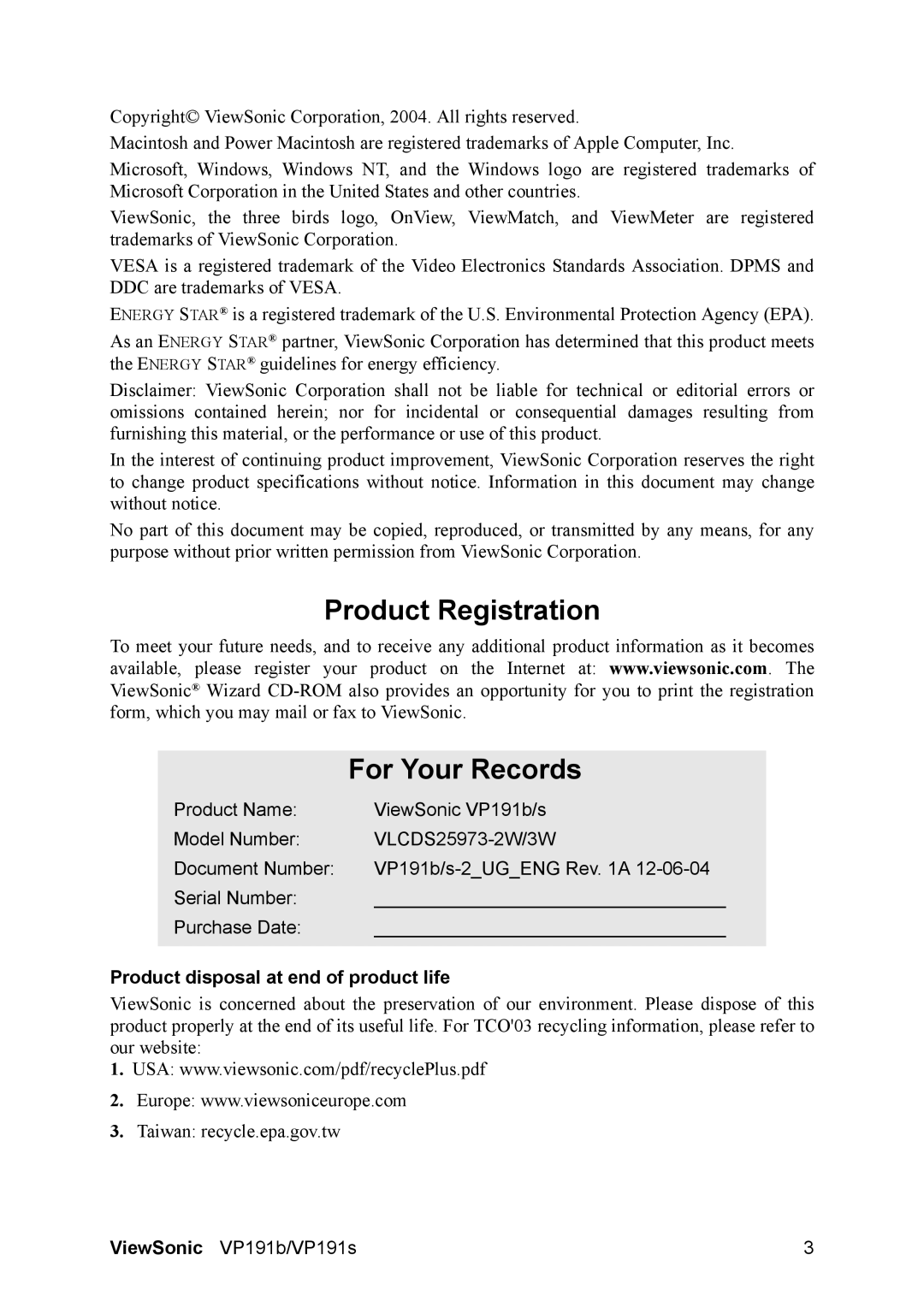 ViewSonic VP191S, 191b manual Product Registration For Your Records, Product disposal at end of product life 