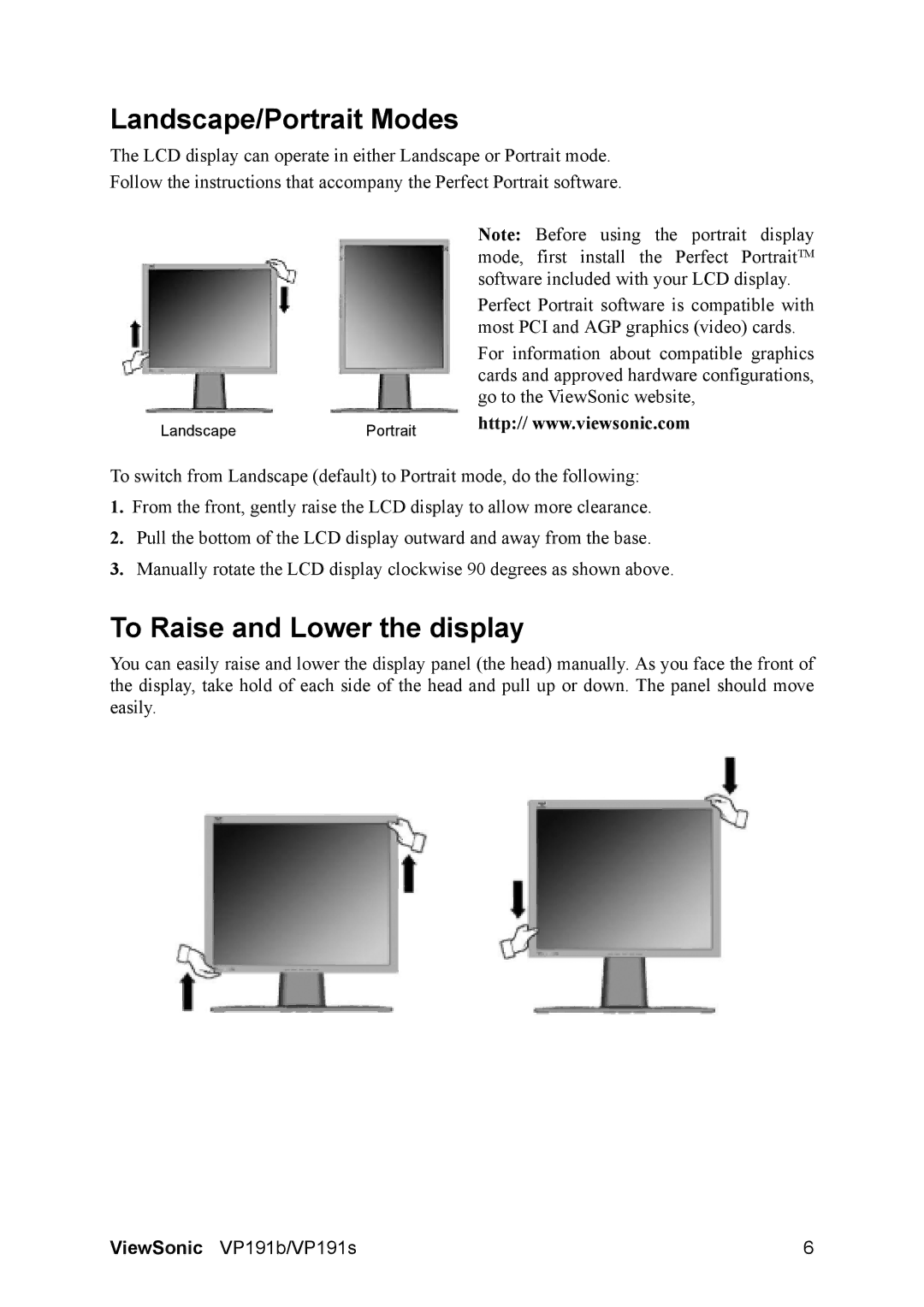 ViewSonic 191b, VP191S manual Landscape/Portrait Modes, To Raise and Lower the display 