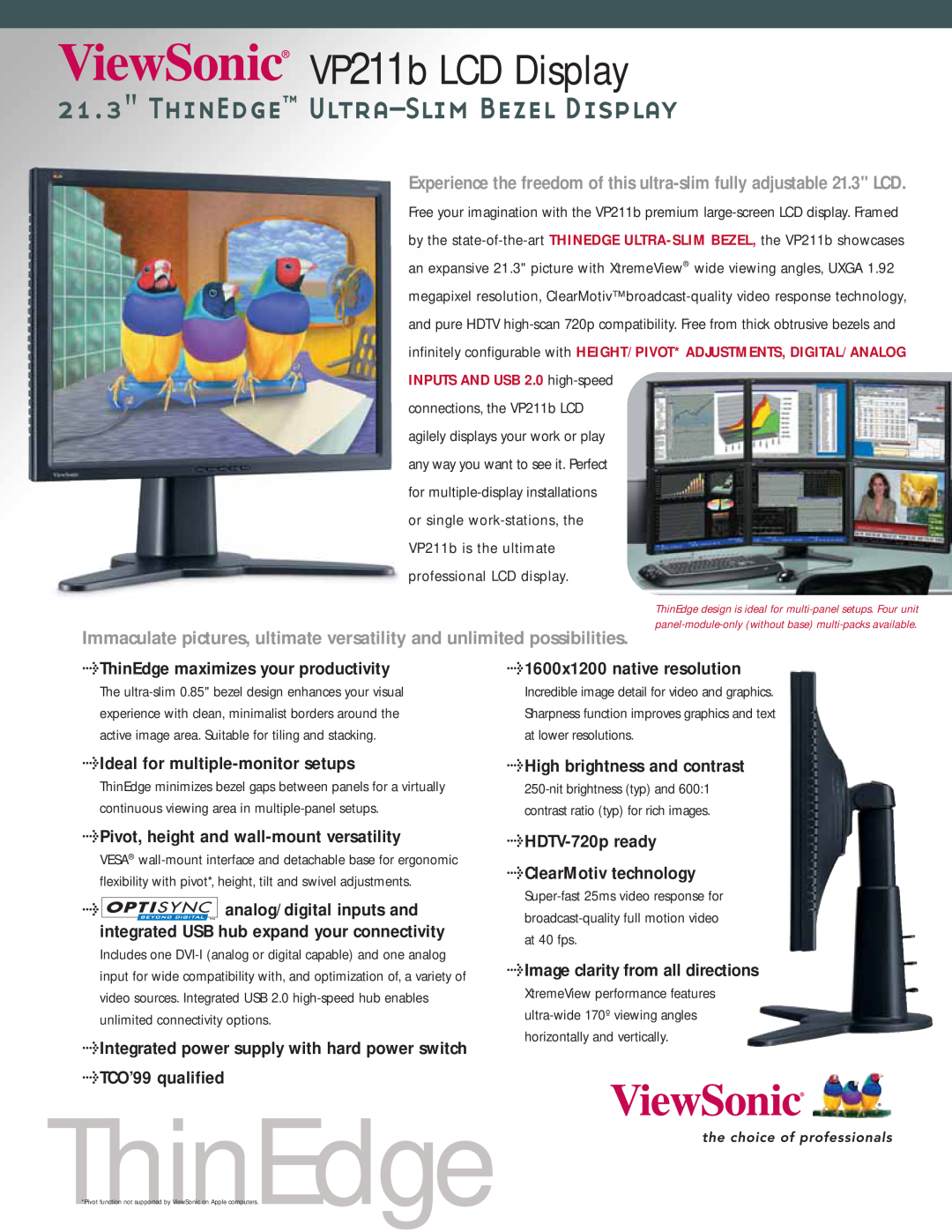 ViewSonic 211B manual VP211b LCD Display, ThinEdge Ultra-SlimBezel Display, ThinEdge maximizes your productivity 