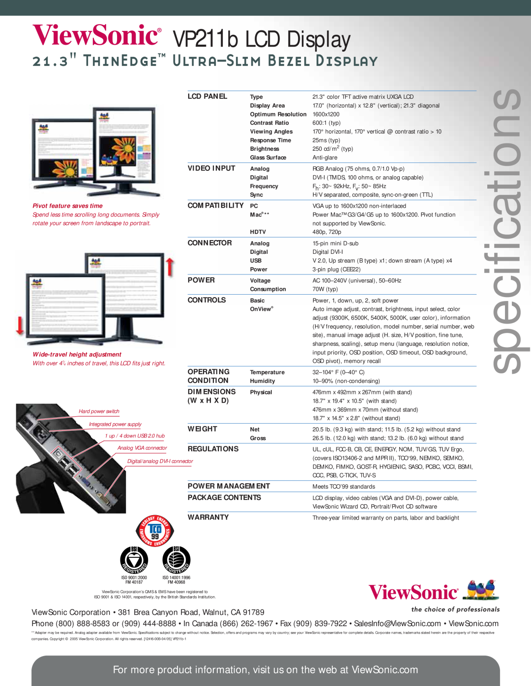 ViewSonic 211B manual specifications, VP211b LCD Display, ThinEdge Ultra-SlimBezel Display, Pivot feature saves time 