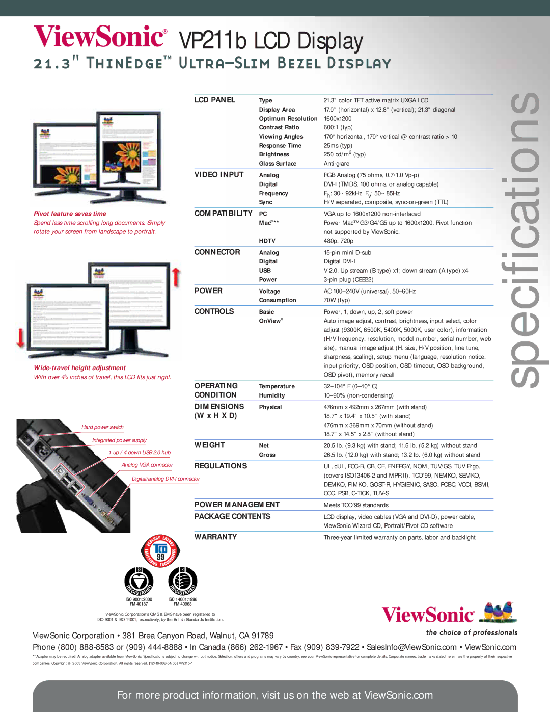 ViewSonic 211B LCD Panel, Video Input, Compatibility, Connector, Power, Controls, Operating, Condition, Dimensions, Weight 