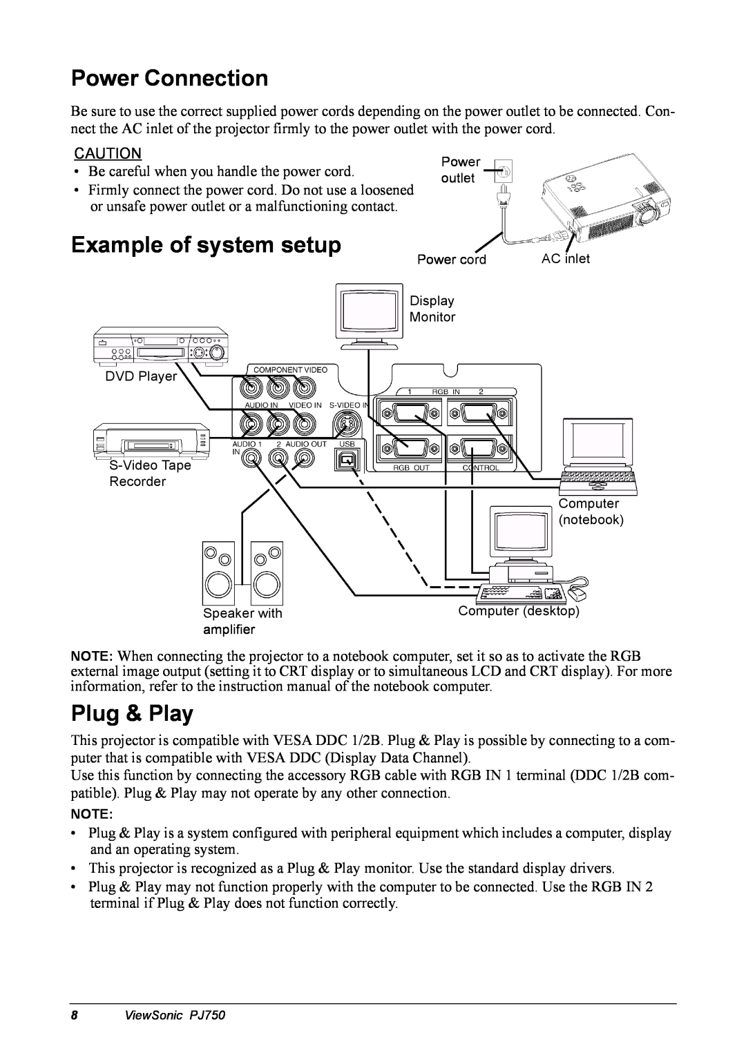 ViewSonic 300 manual Power Connection, Example of system setup, Plug & Play 