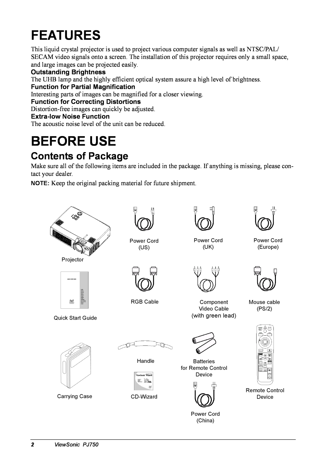 ViewSonic 300 manual Features, Before Use, Contents of Package, Outstanding Brightness, Function for Partial Magnification 