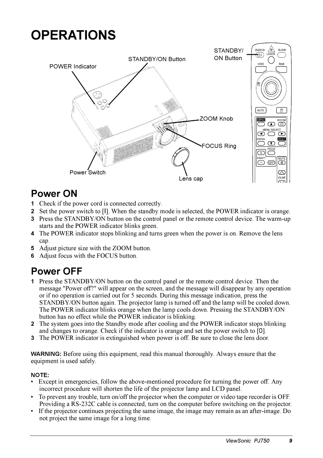 ViewSonic 300 manual Operations, Power on, Power OFF, Standby 