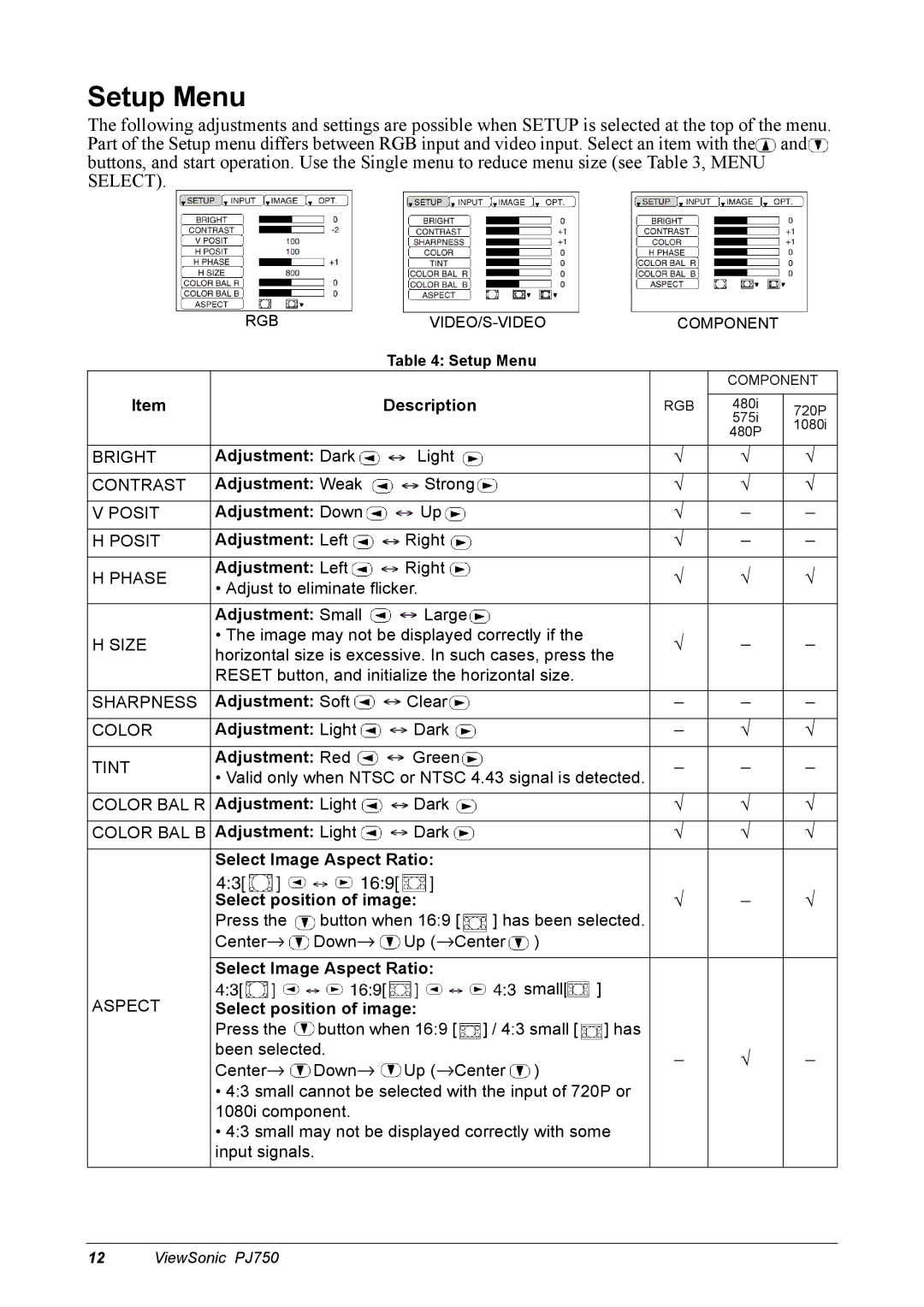 ViewSonic 300 manual Setup Menu 