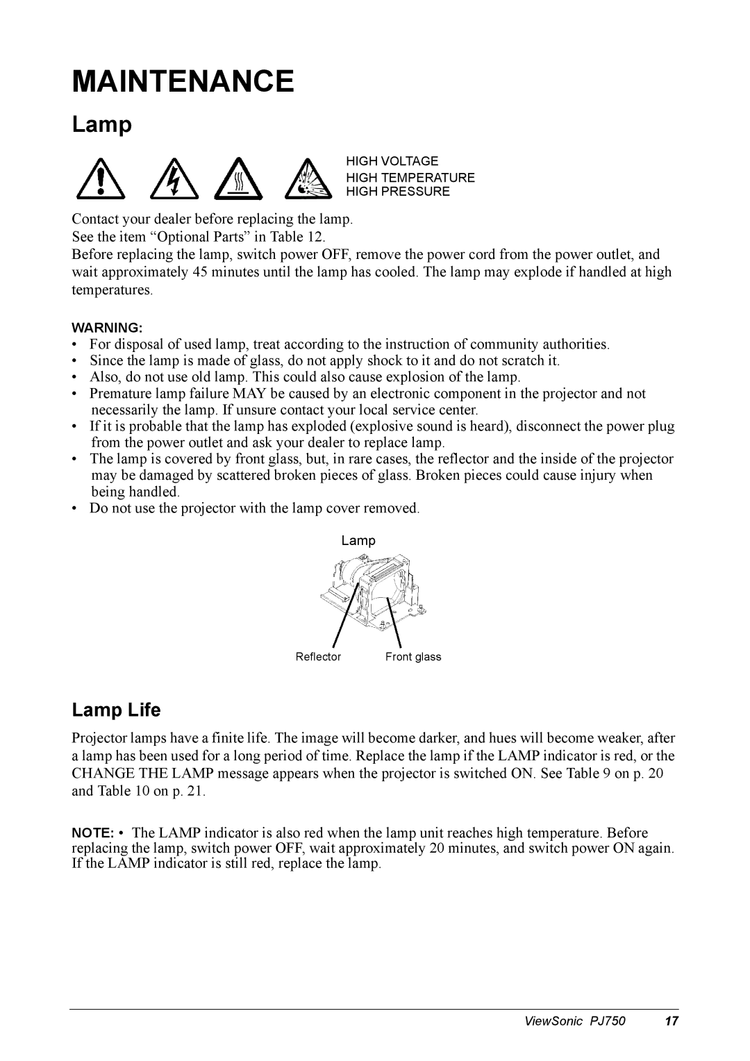 ViewSonic 300 manual Maintenance, Lamp 