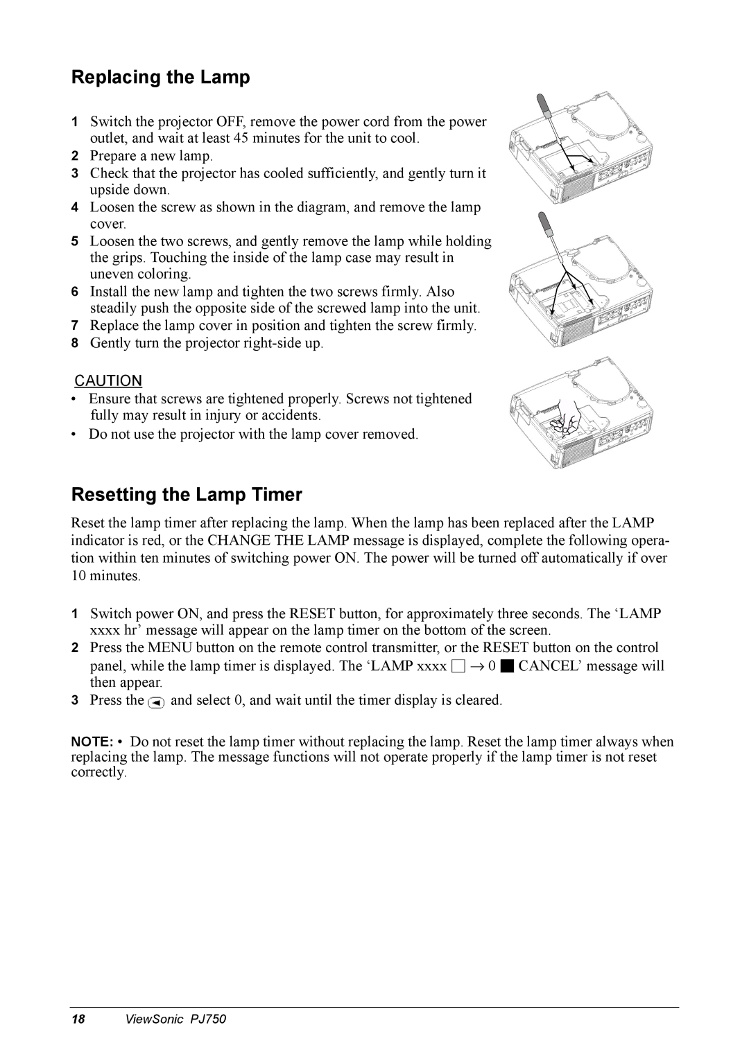 ViewSonic 300 manual Replacing the Lamp 