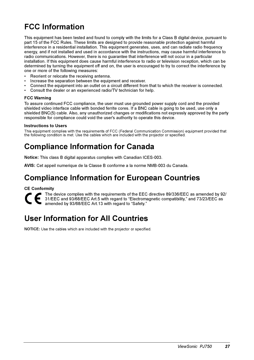 ViewSonic 300 manual FCC Information, Compliance Information for Canada, Compliance Information for European Countries 