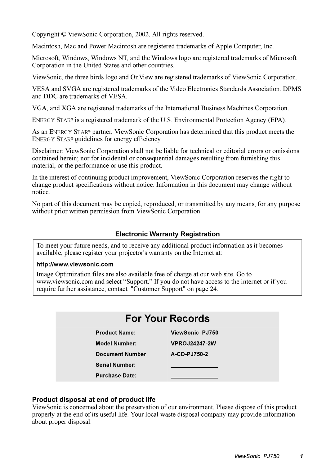 ViewSonic 300 manual For Your Records, Electronic Warranty Registration 