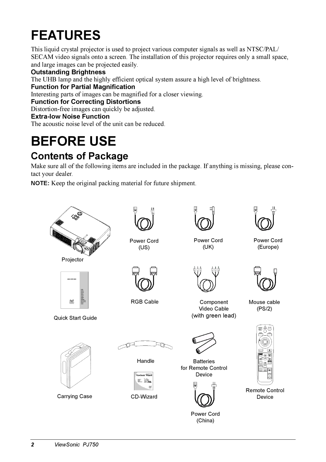 ViewSonic 300 manual Features, Before USE, Contents of Package 