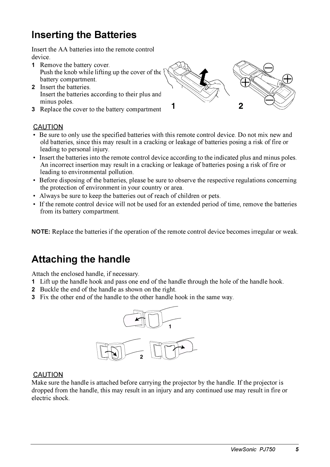 ViewSonic 300 manual Inserting the Batteries, Attaching the handle 