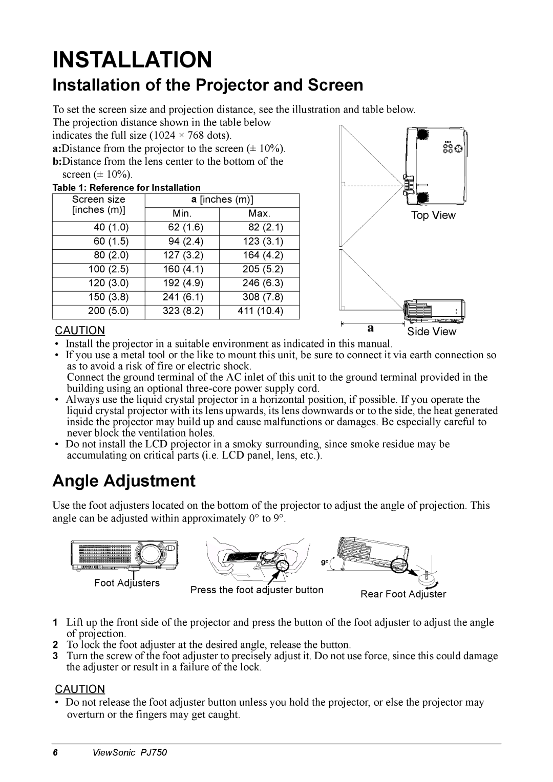 ViewSonic 300 manual Installation of the Projector and Screen, Angle Adjustment 