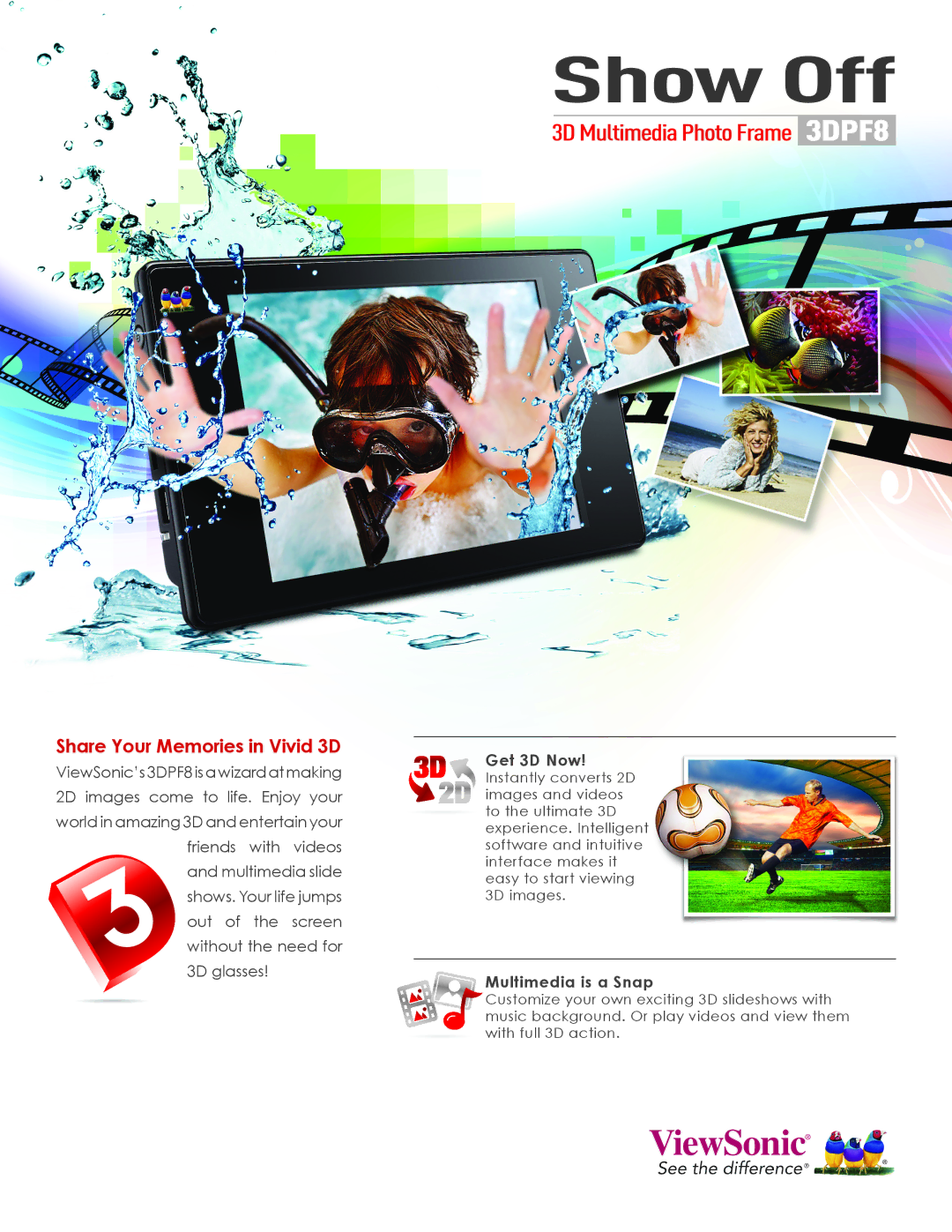 ViewSonic 3DPF8 manual Get 3D Now, Multimedia is a Snap 