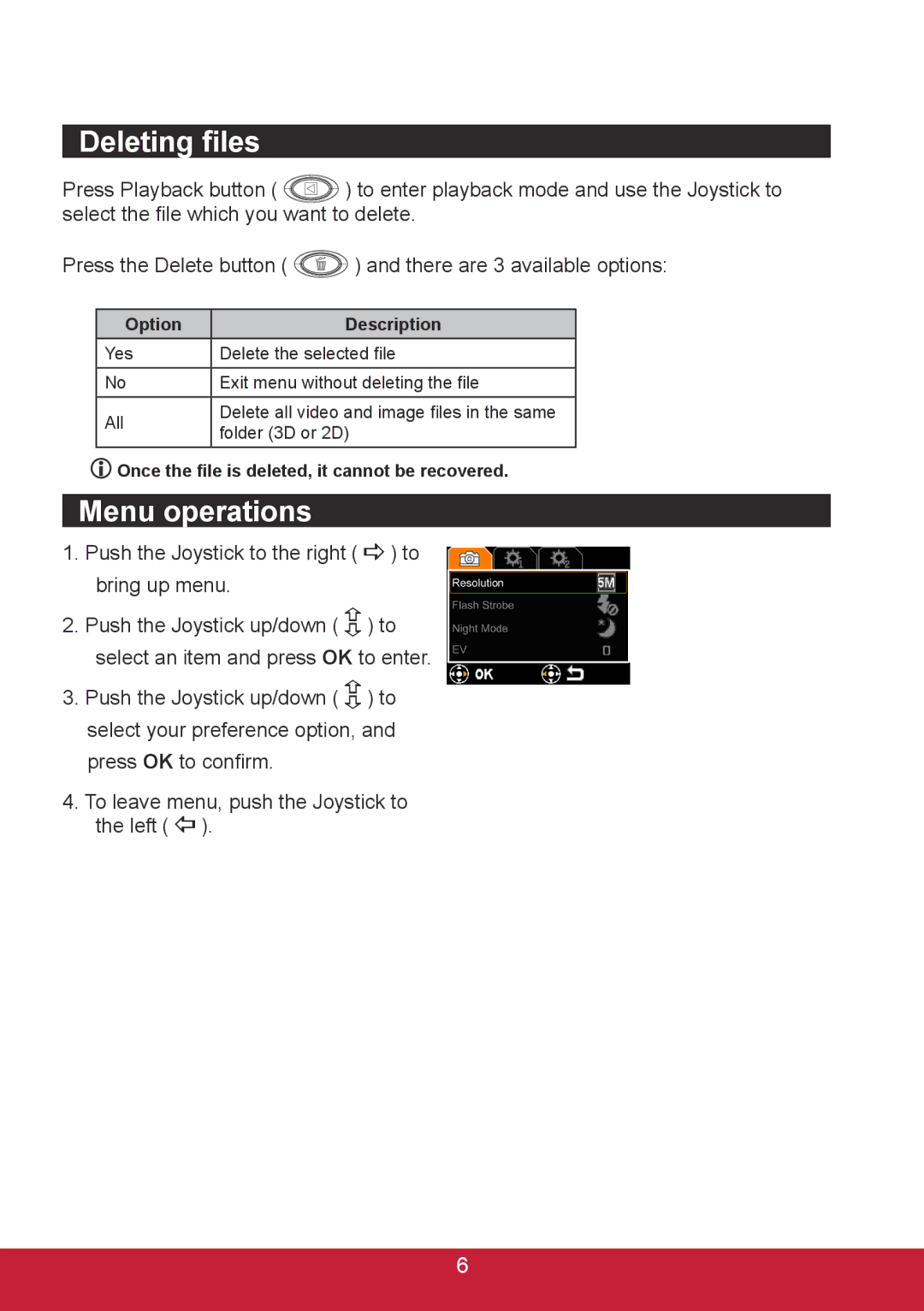 ViewSonic 3DSC5 Deleting files, Menu operations, Option Description, Once the file is deleted, it cannot be recovered 