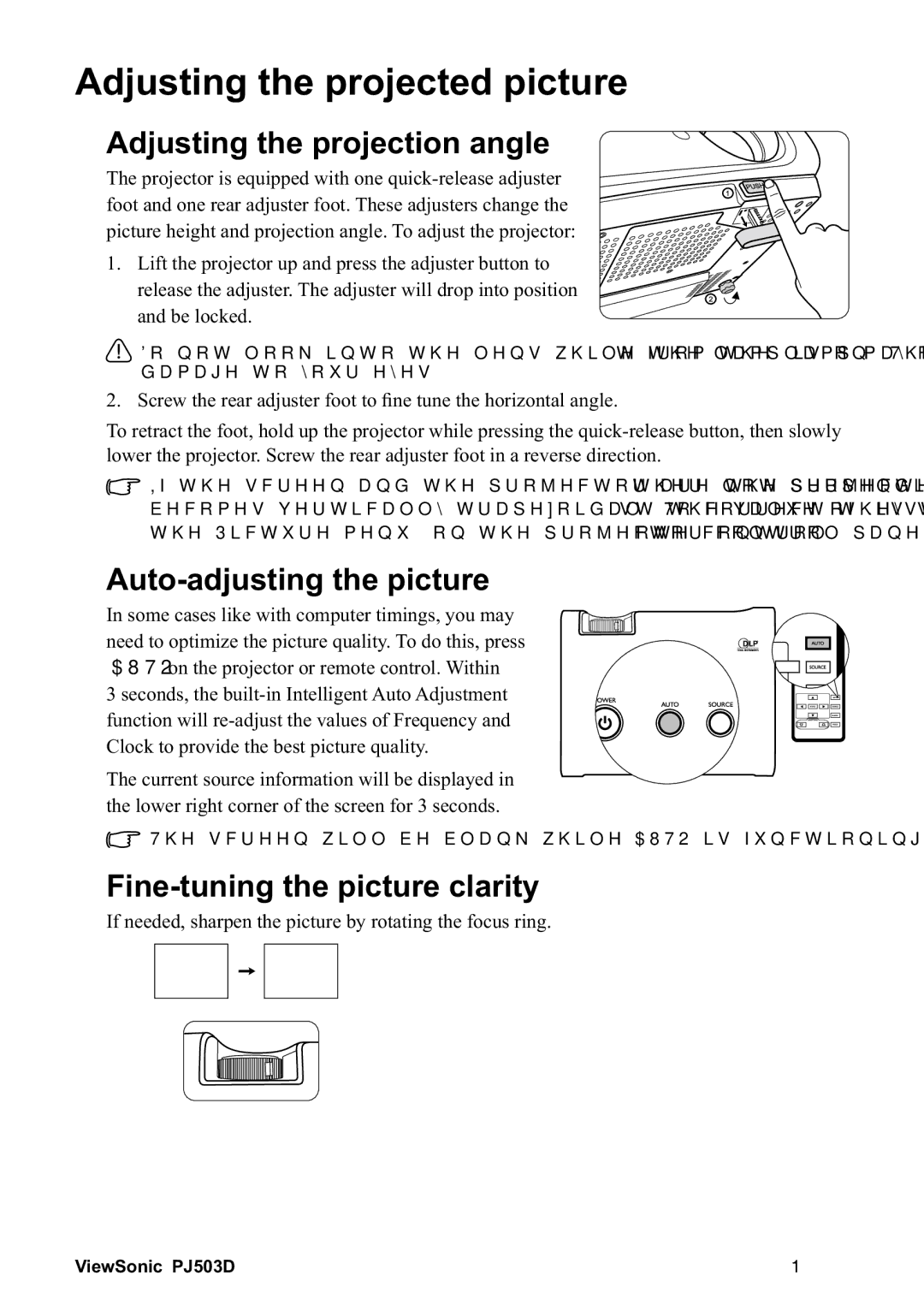 ViewSonic 40PJ503D manual $GmxvwlqjWkhSurmhfwlrqDqjoh, $XwrDgmxvwlqjWkhSlfwxuh, LqhWxqlqjWkhSlfwxuhFodulw 