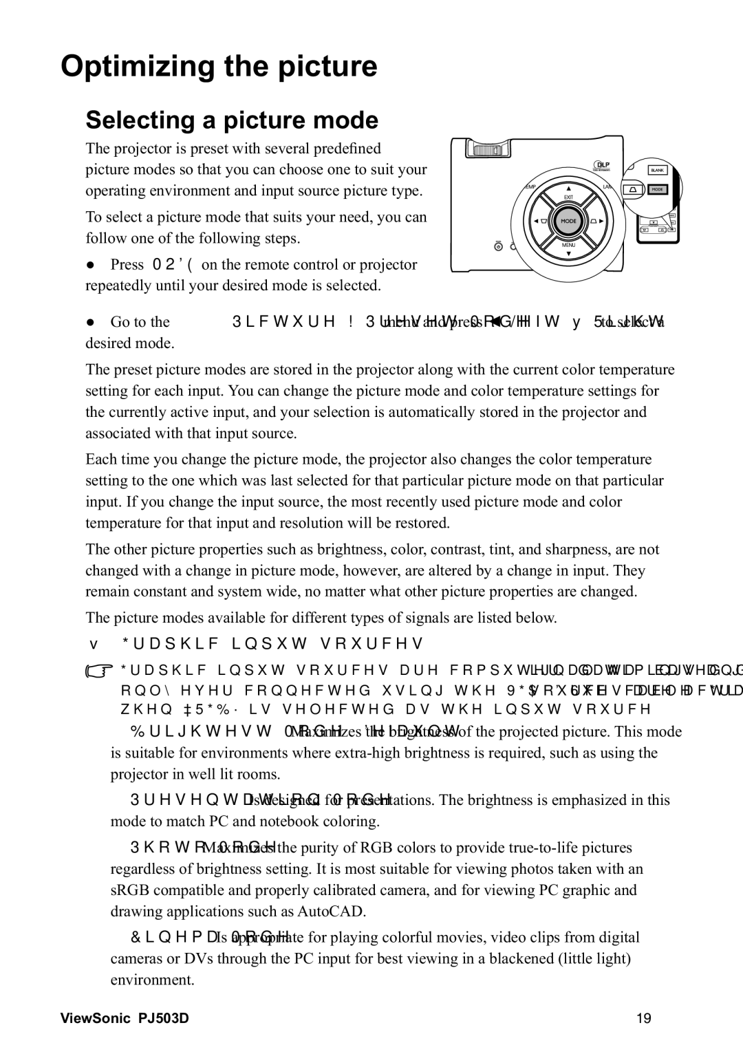 ViewSonic 40PJ503D manual 2SWLPLLQJWKHSLFWXUH, 6HOHFWLQJDSLFWXUHPRGH,  *UdsklfLqsxwVrxufhv 