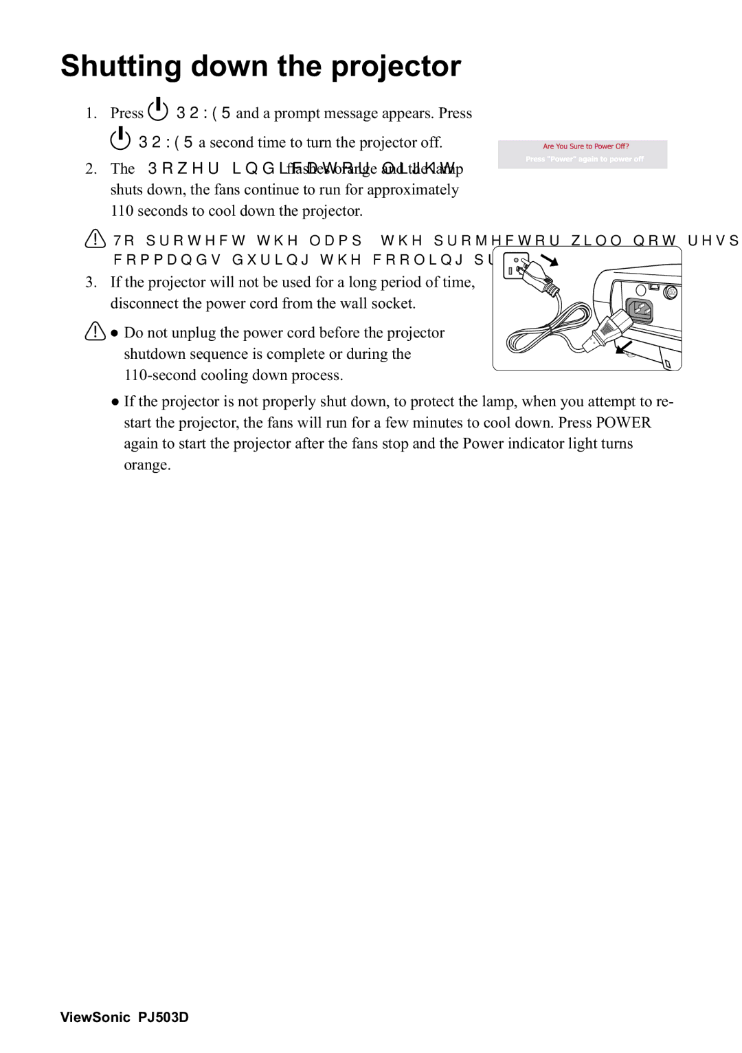 ViewSonic 40PJ503D manual 6KXWWLQJGRZQWKHSURMHFWRU, Rudqjh 