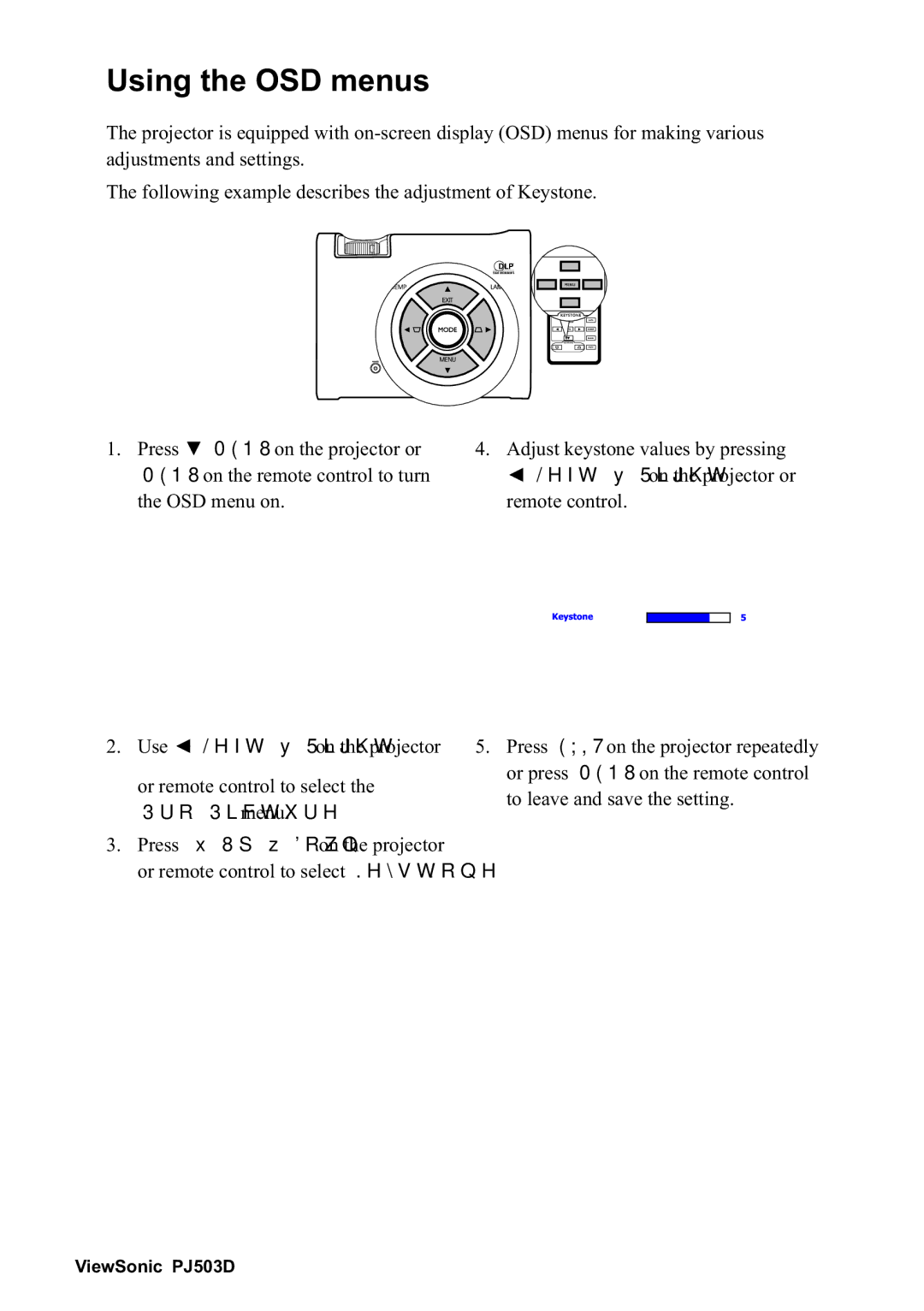 ViewSonic 40PJ503D manual 8VLQJWKH26PHQXV, WKH26PHQXRQ UHPRWHFRQWURO, 3UR3LFWXUHPHQX 