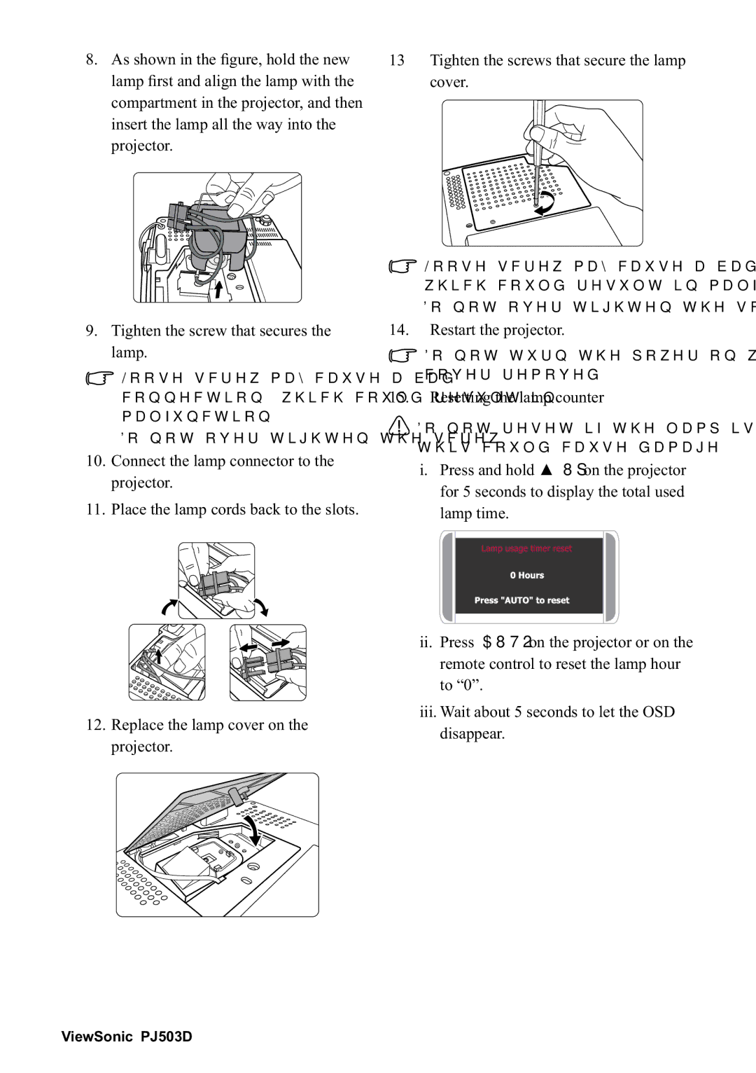 ViewSonic 40PJ503D manual Fryhu, 5HVWDUWWKHSURMHFWRU, Odps, OdpsWlph, LL 3UHVV$872RQWKHSURMHFWRURURQWKH 