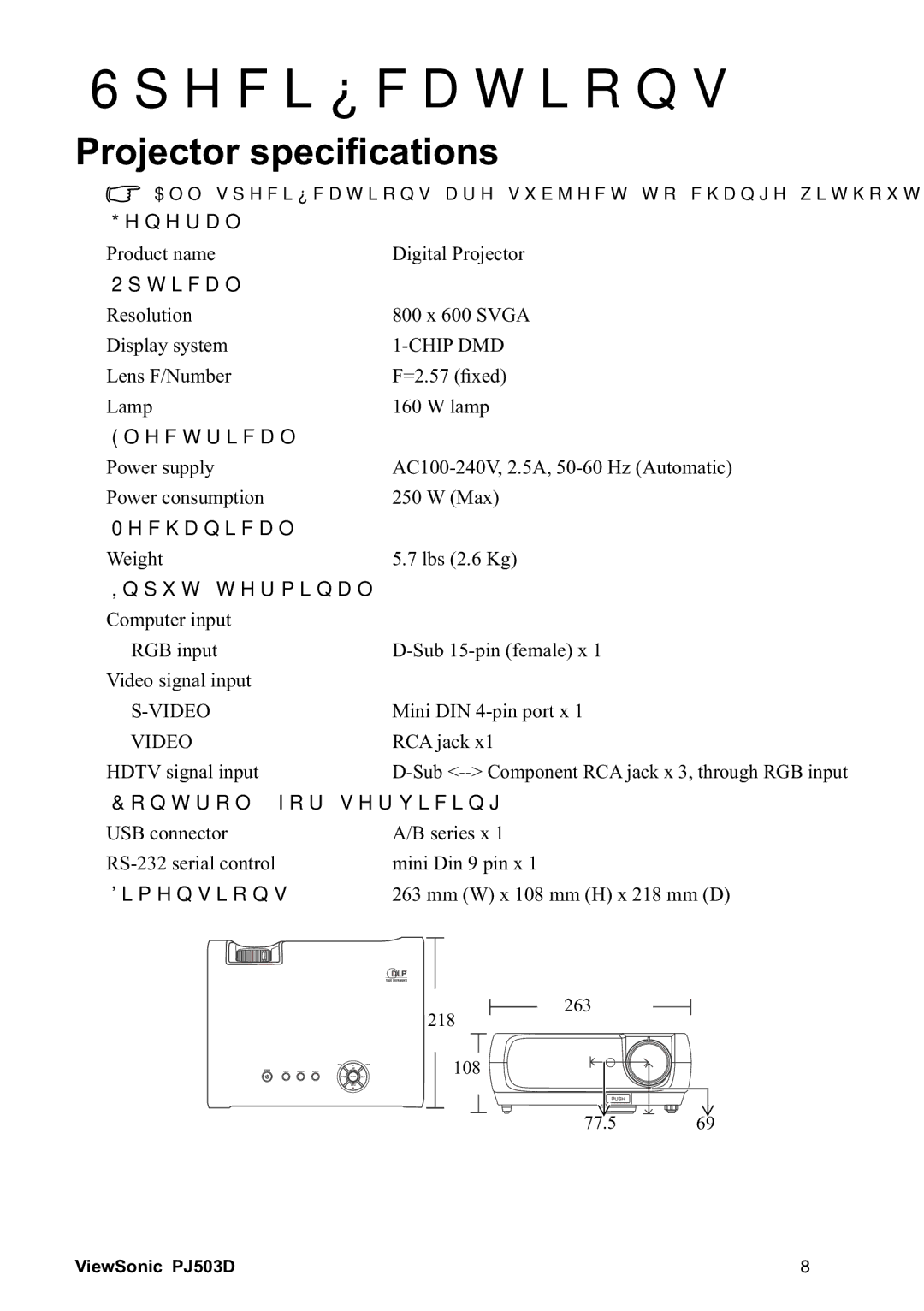 ViewSonic 40PJ503D manual 3URMHFWRUVSHFL¿FDWLRQV 