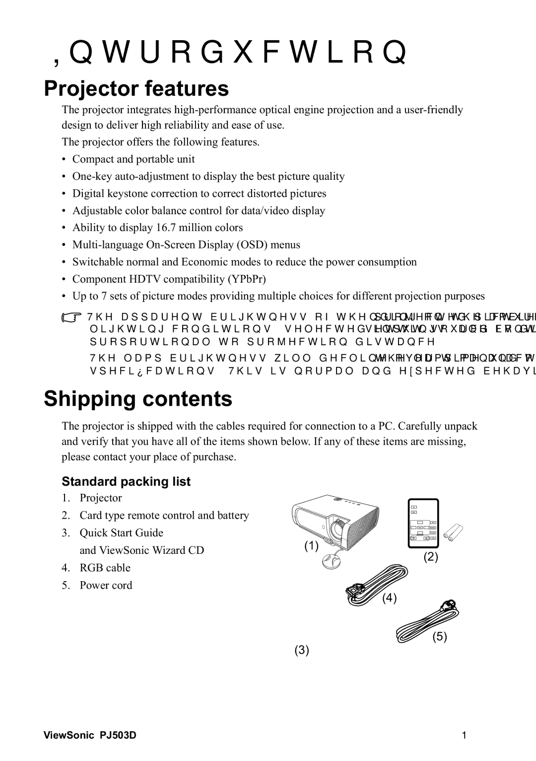 ViewSonic 40PJ503D manual 3URMHFWRUIHDWXUHV, 6KLSSLQJFRQWHQWV 